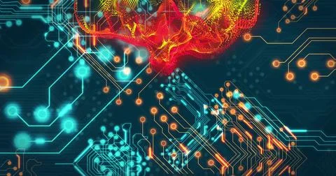 Image of digital network of connections over circuit board on black background Foto stock