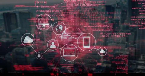 Image of digital network icons with red coding over cityscape data processing 스톡 사진