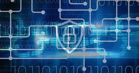 Image of digital online security padlock icon, binary coding over network of 스톡 일러스트