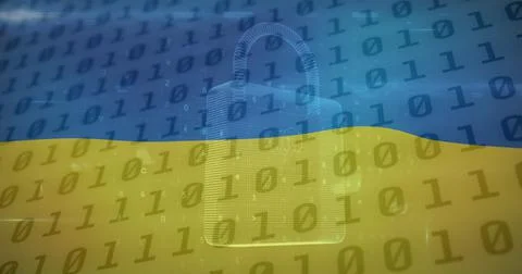 Image of digital padlock and binary code over flag of ukraine Stock Illustration