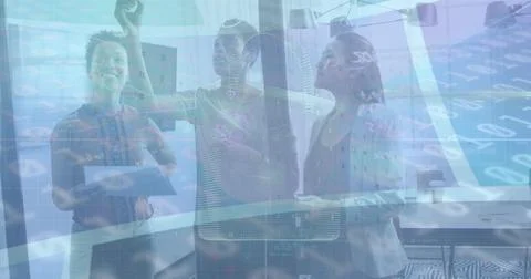 Image of digital padlock and binary code over diverse coworkers in office 写真素材