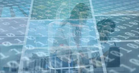 Image of digital padlock and binary code over diverse coworkers in office 스톡 사진