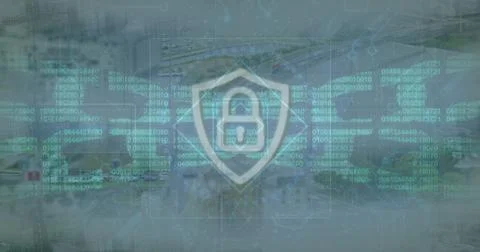 Image of digital padlock and block chain over cityscape Stockfoto's
