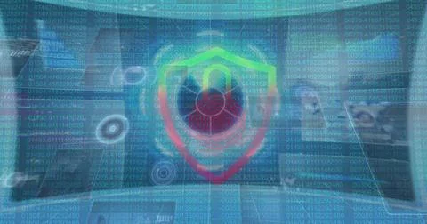 Image of digital padlock and data on screens over blue background with numbers Foto stock