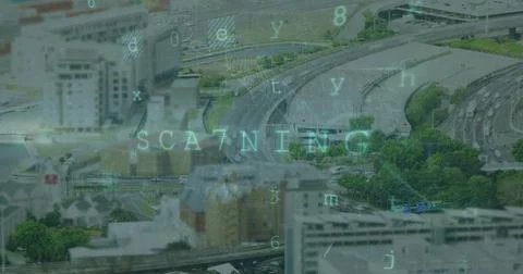 Image of digital padlock and scanning over cityscape Stockfoto's