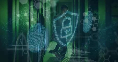 Image of digital padlock, data nd hexagons over caucasian woman checking servers 스톡 사진