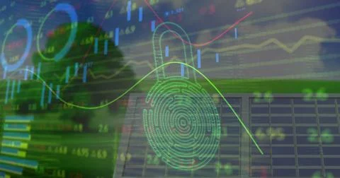 Image of digital padlock, financial data and graphs over solar panels Stock Photos