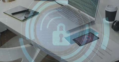 Image of digital padlock icon and data processing over desk in office Stock Illustration