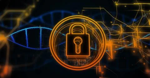 Image of digital padlock icon, data processing and dna strand on black Illustrazione stock