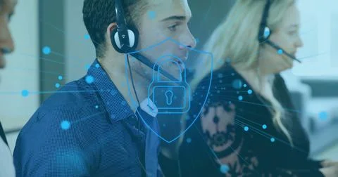 Image of digital padlock icon over diverse businesspeople in office Foto stock
