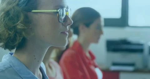 Image of digital padlock icon over diverse businesspeople in office 스톡 사진