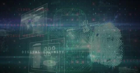 Image of digital padlock with integrated circuit and fingerprint over data on 스톡 일러스트