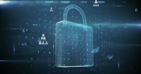 Image of digital padlock with integrated circuit over data processing on screen Stock Photos