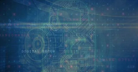 Image of digital padlock with integrated circuit over data processing on navy 写真素材