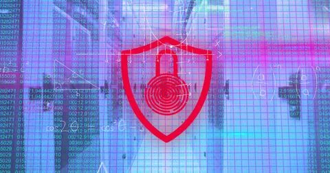 Image of digital padlock, mathematical equations and data processing over Foto stock