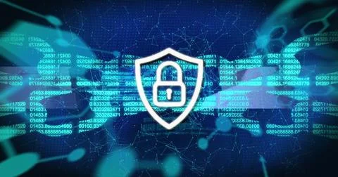 Image of digital padlock over data and blockchain on navy background Stock Illustration