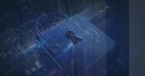 Image of digital padlock over data processing over computer wires Stockfoto's