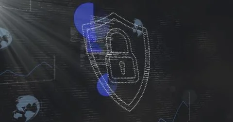 Image of digital padlock over graphs and data in digital space Foto stock