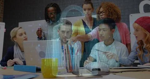 Image of digital padlock over happy diverse female and male coworkers Foto stock