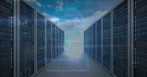 Image of digital padlock over servers and clouds Stock Illustration