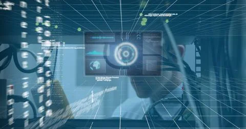 Image of digital padlock over technology icons and data processing on blue Foto stock