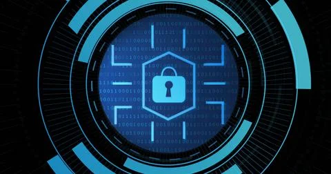 Image of digital padlock in processing circle on black background Stockfoto's