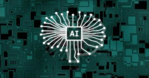 Image of digital processor with ai text over moving shapes イラスト素材