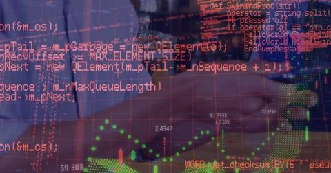 Image of digital programming data, grid pattern and line graph over man taking Foto stock
