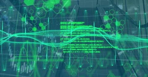 Image of digital programming language with graphical hexagonal shaped and moving Illustrazione stock