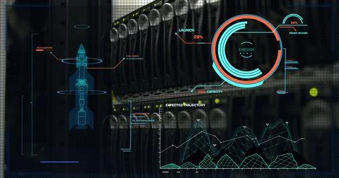 Image of digital rocket and data processing over server room Stock Photos