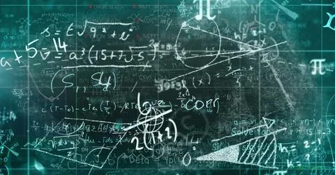 Image of digital science formula and math equation moving against grid pattern 스톡 일러스트