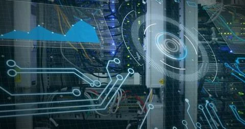 Image of digital scope over server room Stock Photos