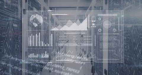 Image of digital screen with and data processing over servers Stockfoto's