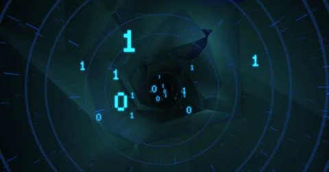 Image of digital screen with binary code and shapes Stock Photos