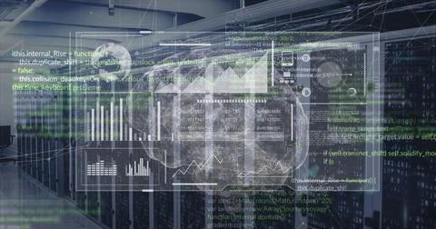 Image of digital screen with brain and data processing over servers Foto stock