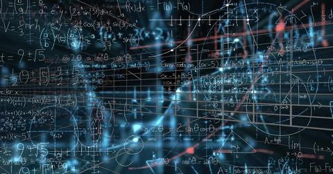 Image of digital screen with data and math formulas on black background 스톡 일러스트