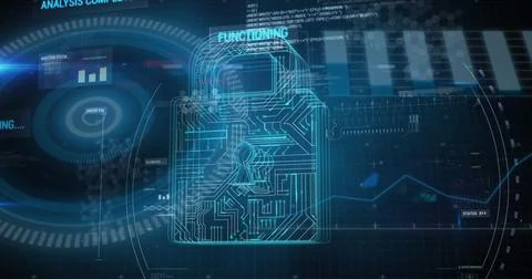 Image of digital screen with data and digital padlock 스톡 사진