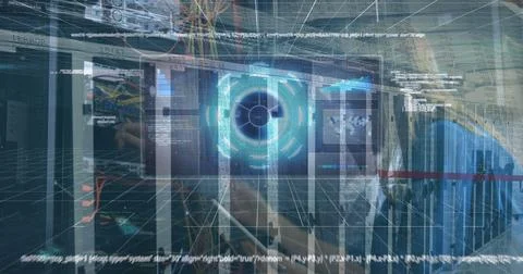 Image of digital screen with data and caucasian people checking wires over Stockfoto's