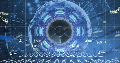 Image of digital screen with data and numbers on blue background Stock Photos