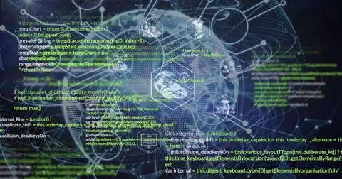 Image of digital screen with data, connections and globe on navy background Foto stock