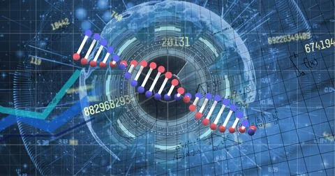 Image of digital screen with data, dna and numbers on blue background Illustrazione stock