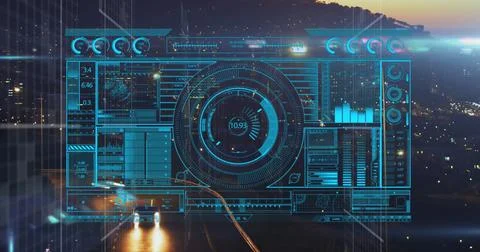 Image of digital screen with data over road traffic and cityscape Stock Illustration