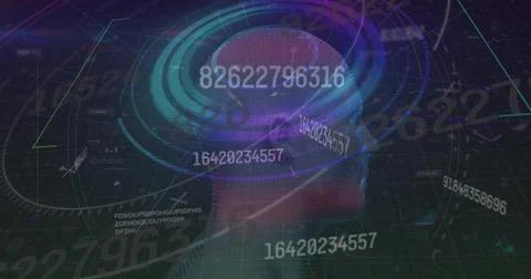 Image of digital screen with data processing, numbers, glitch and human hea.. Stock Photos