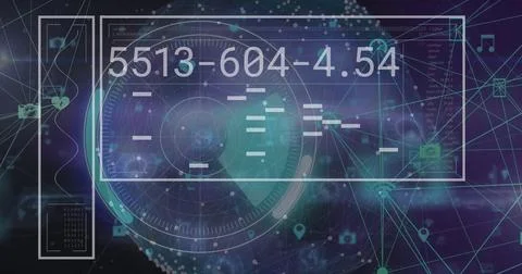 Image of digital screen with data processing, radar and numbers on navy bac.. Stock Photos