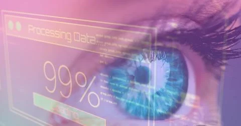 Image of digital screen with data processing over eye of caucasian woman 스톡 사진