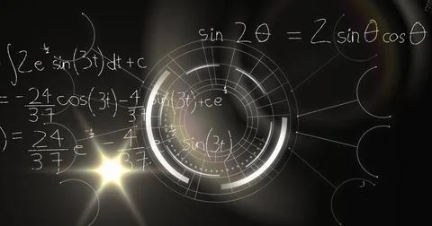 Image of digital screen with data, processing circle and math formulas on black Stock Photos