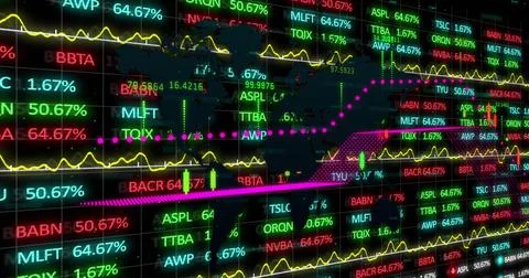 Image of digital screen with financial data and graphs Illustrazione stock