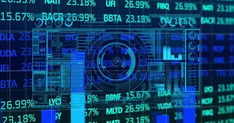 Image of digital screen with financial data and graphs イラスト素材