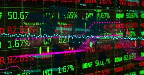 Image of digital screen with financial data and graphs イラスト素材