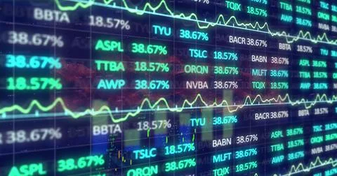 Image of digital screen with financial data and graphs イラスト素材